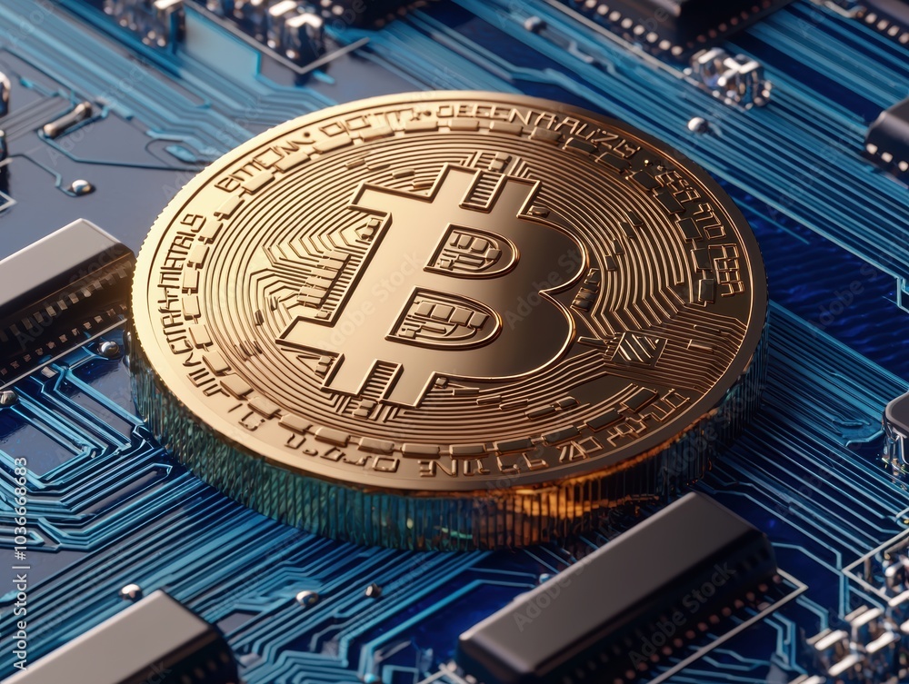 Poster exploring the intricacies of cryptocurrency through a close-up of a bitcoin on a circuit board