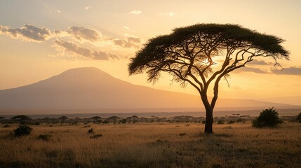 Sunset casting a warm glow over the Amboseli landscape, with a lone acacia tree standing tall
