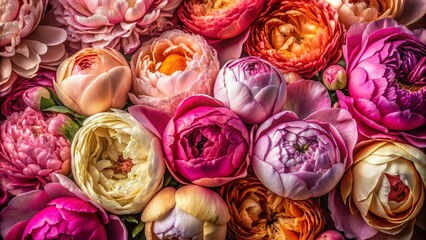 Fototapeta premium Captivating macro photography showcases intricate patterns of roses and peonies, highlighting vibrant floral textures and colors that celebrate the exquisite beauty of nature's artistry.