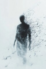 Silhouette of a person fading into a background of abstract text.