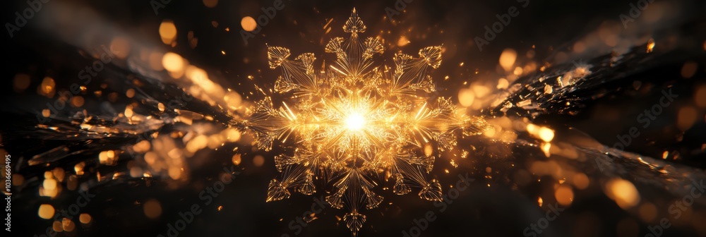 Fototapete Symmetrical geometric shapes take the form of snowflakes, glowing with golden light against a dark backdrop, creating a stunning effect. Generative AI