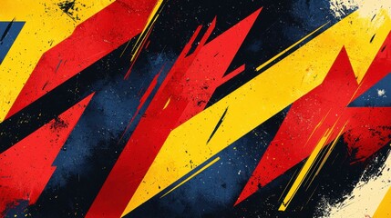 Naklejka premium This image features a dynamic abstract design with bold strokes of red, yellow, and blue against a textured dark background, showcasing modern artistic flair.