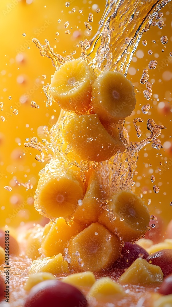 Poster a vibrant splash of fresh pineapple slices and water, creating a dynamic and refreshing scene. the c