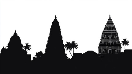 cityscape of Hindu religious  black and white silhouette vector illustration on white background