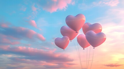 Fototapeta premium Floating heart-shaped balloons against a pastel sky at sunset: 3D-rendered heart-shaped balloons gently floating in the sky with soft glowing colors from a pastel sunset