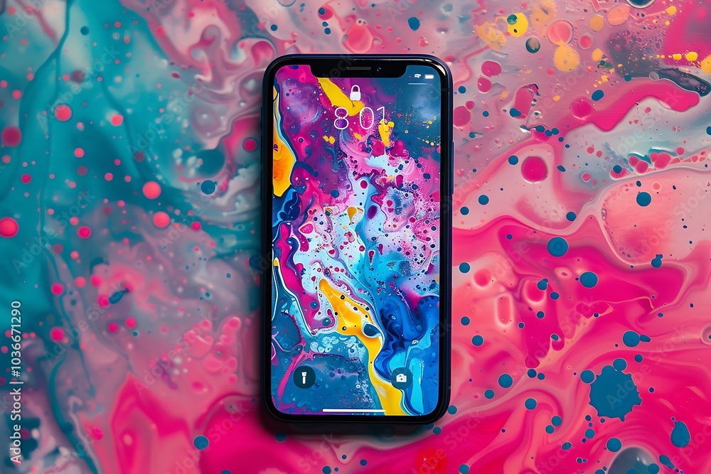 Wall mural realistic pov capture showing a hand holding a mobile phone with a blank white screen open to a mess