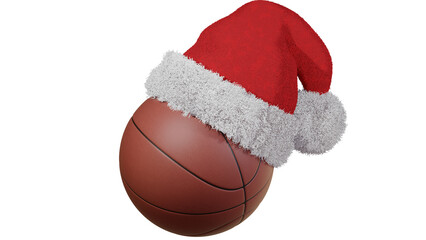 Santa Claus Hat with Basketball ball. PNG Transparent 3D Illustration. Santa hat on the court