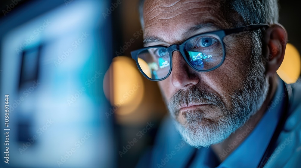 Poster focused professional analyzing data on screen with modern technology in dim lighting