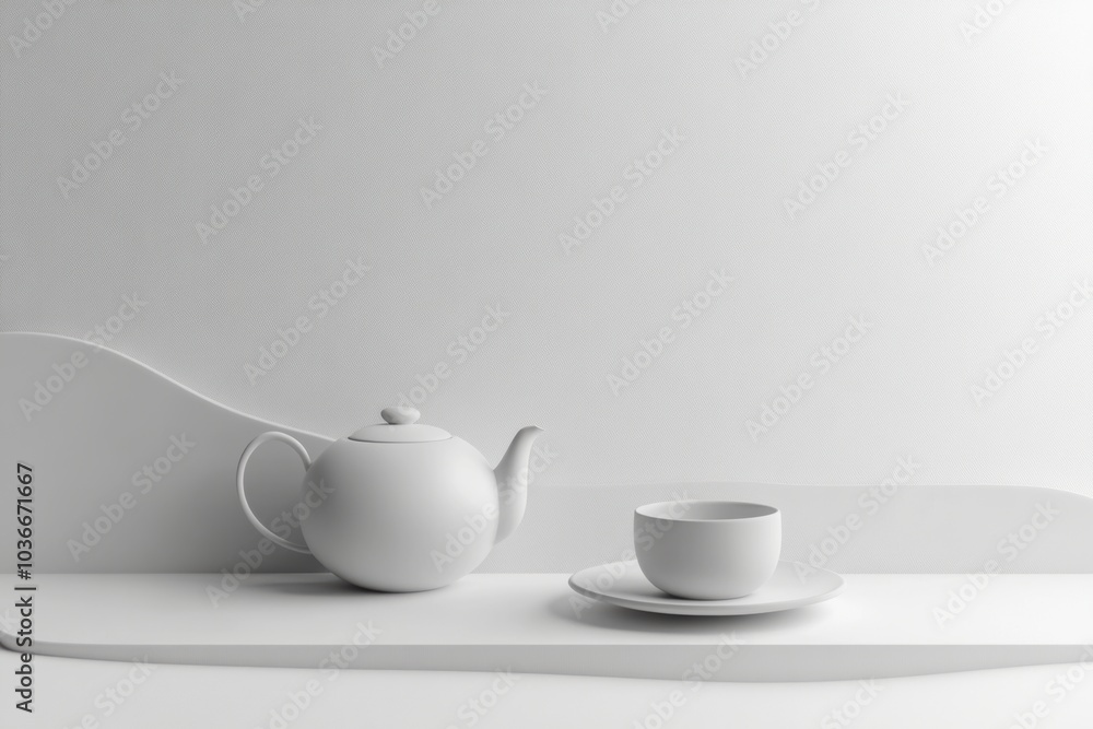 Leinwandbilder a simple white tea kettle rests next to a matching cup and saucer on a smooth countertop, illuminate