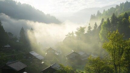 Obraz premium Serene Morning in Ancient Japanese Mountain Village - Ultra-Detailed Landscape with Fog, Sun Rise, and Wooden Houses