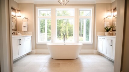 Fototapeta premium Modern Bathroom with Large Bathtub and Natural Light
