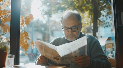 Elderly Man Reading Newspaper in Sunlit Cafe
