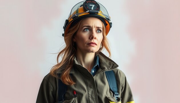 A determined female firefighter in gear stands ready for duty with a helmet, showcasing courage and preparedness in her role