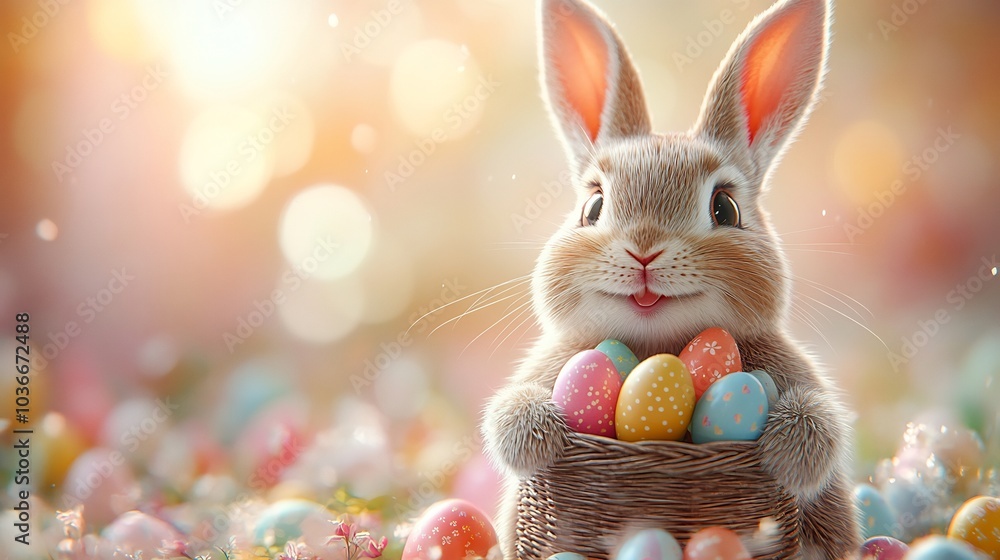 Poster generative ai scene with a happy easter bunny holding a basket overflowing with colorful easter eggs