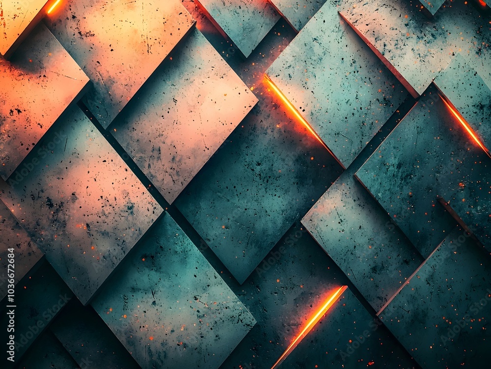 Poster abstract geometric patterns with a textured surface, featuring a dynamic interplay of warm orange an