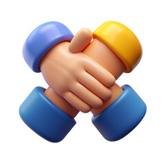 Cartoon Hands Shaking Hands in Blue and Yellow,  3D Icon, isolated on a white background. transparent and PNG file


