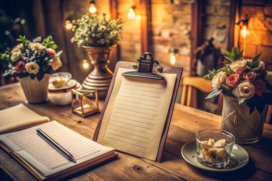 Charming vintage guest list, featuring a classic clipboard, detailed registration, and a neatly arranged checklist for  event planning, attendance tracking, and nostalgic information management.