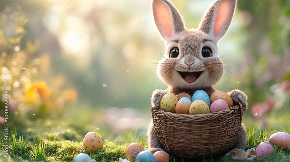 Poster generative ai scene with a happy easter bunny holding a basket overflowing with colorful easter eggs