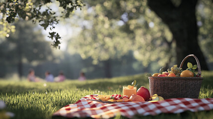 Picnic al aire libre con cesta de frutas y bebida sobre manta a cuadros en el césped

