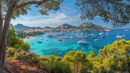 Naklejka premium Scenic Coastal View with Boats and Clear Waters