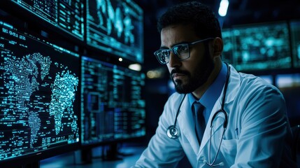 Doctor Analyzing Data in a High-Tech Medical Environment for Patient Insights