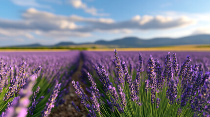 Fototapeta premium Primer plano de campo de lavanda en flor con montañas al fondo y cielo despejado