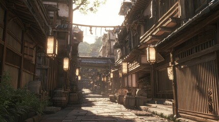 Enchanting Medieval Japan Street Scene with Vibrant Wooden Houses, Lanterns, and Bustling Locals and Tourists