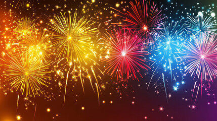 Fototapeta premium Festival Fireworks with colored night sky bokeh background. Beautiful holiday web banner or billboard. Greeting card Happy New Year 2025.