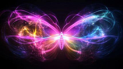 Naklejka premium Against a solid black backdrop, a butterfly with intricate neon glowing wings hovers gracefully, representing a fantastical interpretation of nature