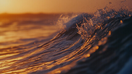 Waves glistening in the golden light of sunset along the tranquil ocean shore