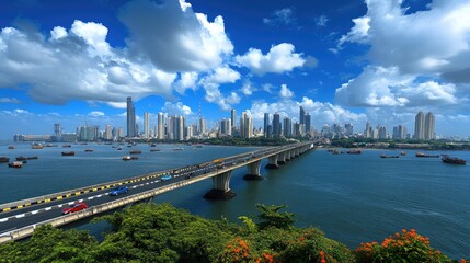 Fototapeta premium Scenic City Skyline with Bridge and Blue Sky