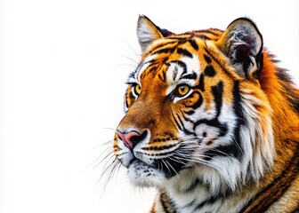Fototapeta premium Close-up of a majestic tiger head against a white background, capturing fierce details. Ideal for wildlife enthusiasts, this striking portrait enhances education and creative projects.