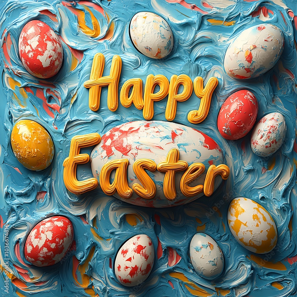 Poster holidaythemed happy easter greeting in elegant text set against a backdrop of 3d colorful egg prints