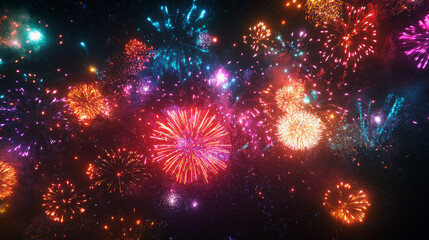 Fototapeta premium Festival Fireworks with colored night sky bokeh background. Beautiful holiday web banner or billboard. Greeting card Happy New Year 2025.