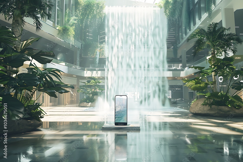 Wall mural realistic pov capture showing a hand holding a mobile phone with a blank white screen open to a mess