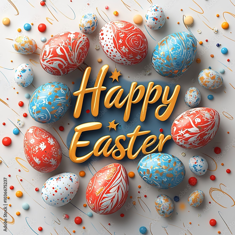 Poster holidaythemed happy easter greeting in elegant text set against a backdrop of 3d colorful egg prints