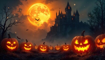 "Halloween night background with glowing jack lanterns, eerie fog, and a haunted house silhouetted against the full moon