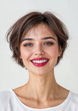portrait d'une jeune femme, 30 ans environ, cheveux courts, en train de rigoler - fond blanc