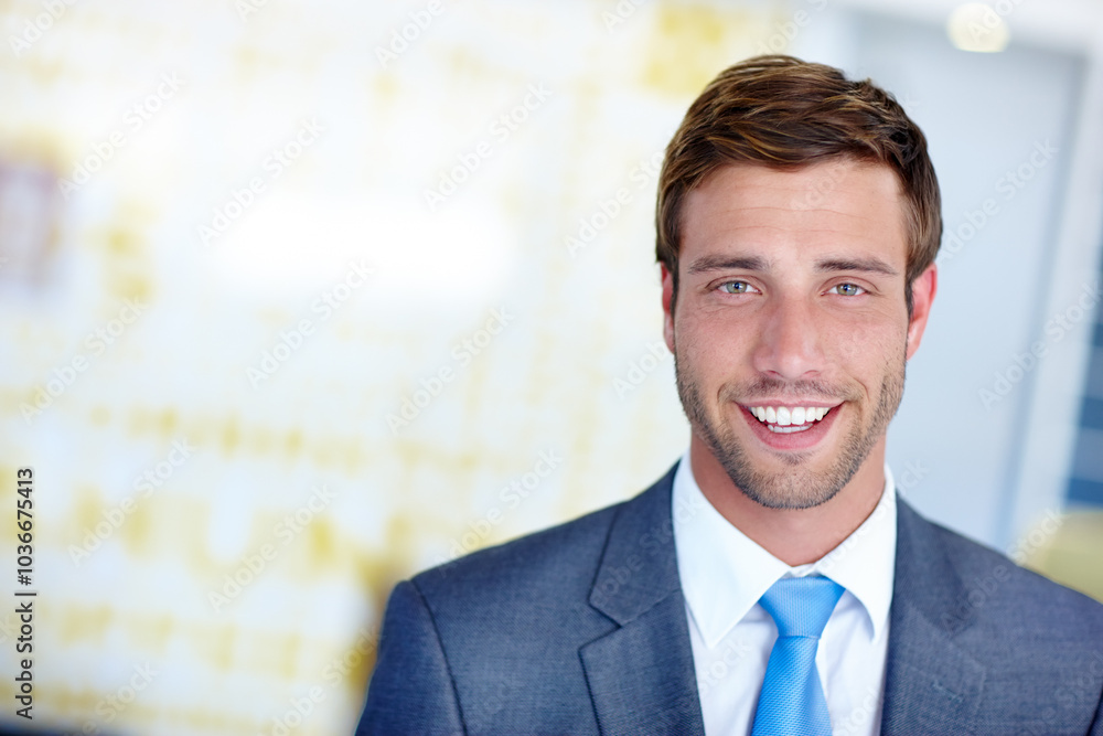 Wall mural Portrait, businessman and office with smile, pride and confidence as accountant for financial agency. Male person, professional and happy for investment opportunity, portfolio and banking in company