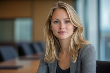 Female office worker  sitting in board room, Generative AI