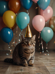 The cat's birthday party includes a festive atmosphere.