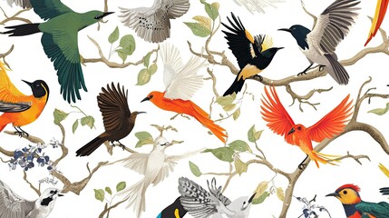 Obraz premium Vibrant background pattern featuring different bird species.