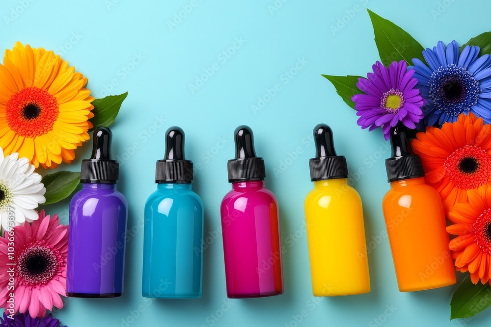 Poster row of colorful bottles with flowers in the background. the bottles are of different colors and size