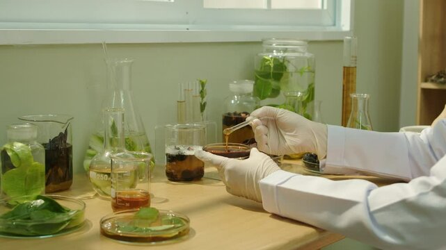 Among glass containers containing more herbs and test fluids, a scientist can be seen in the close-up video examining the consistency of the soapberry solution that was just tested.