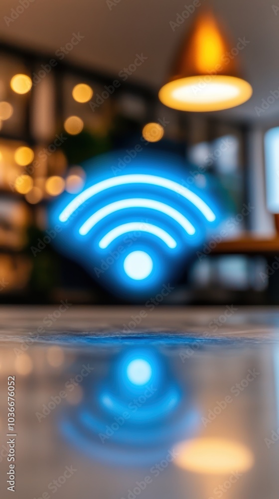 Poster vibrant wi-fi indicator illuminating modern workspace with reflections on surface