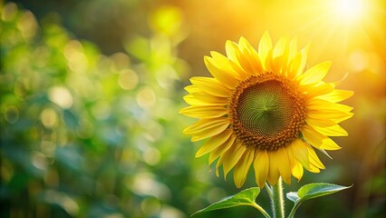 Obraz premium Golden Sunflower Blossom Bathed in Warm Sunlight, a Symbol of Joy and Growth in a Field of Green