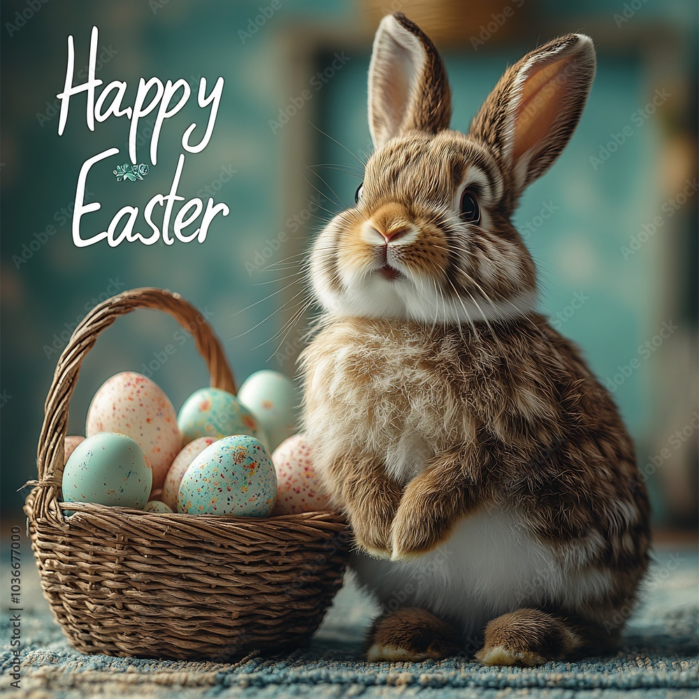 Poster joyful easter bunny standing in front of a basket brimming with colorful eggs with a pastelcolored b