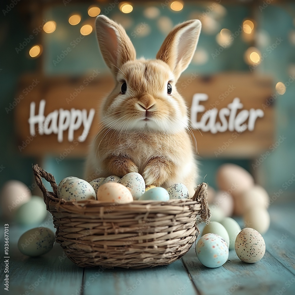 Aufkleber joyful easter bunny standing in front of a basket brimming with colorful eggs with a pastelcolored b