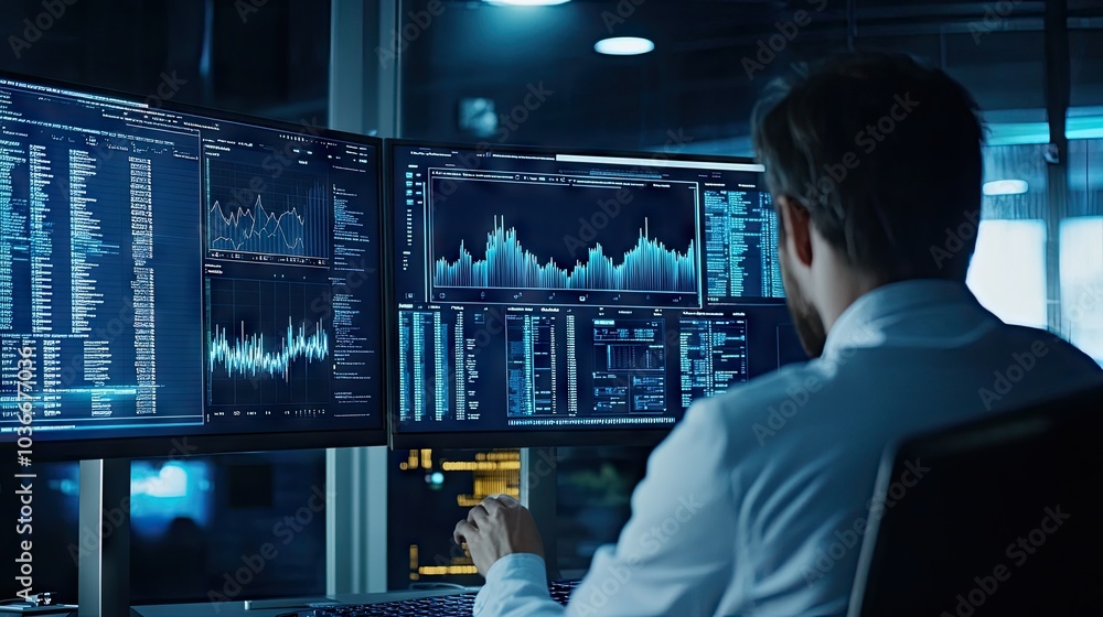 Poster data scientist analyzing trends on multiple screens