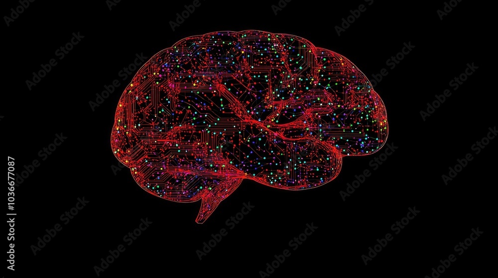 Poster digital representation of a brain with colorful patterns